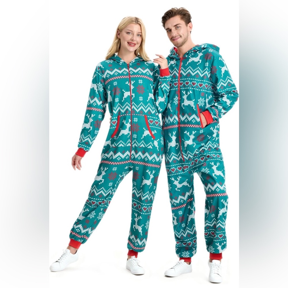 Festive Christmas Green Hooded Onesie with Reindeer Pattern Large
